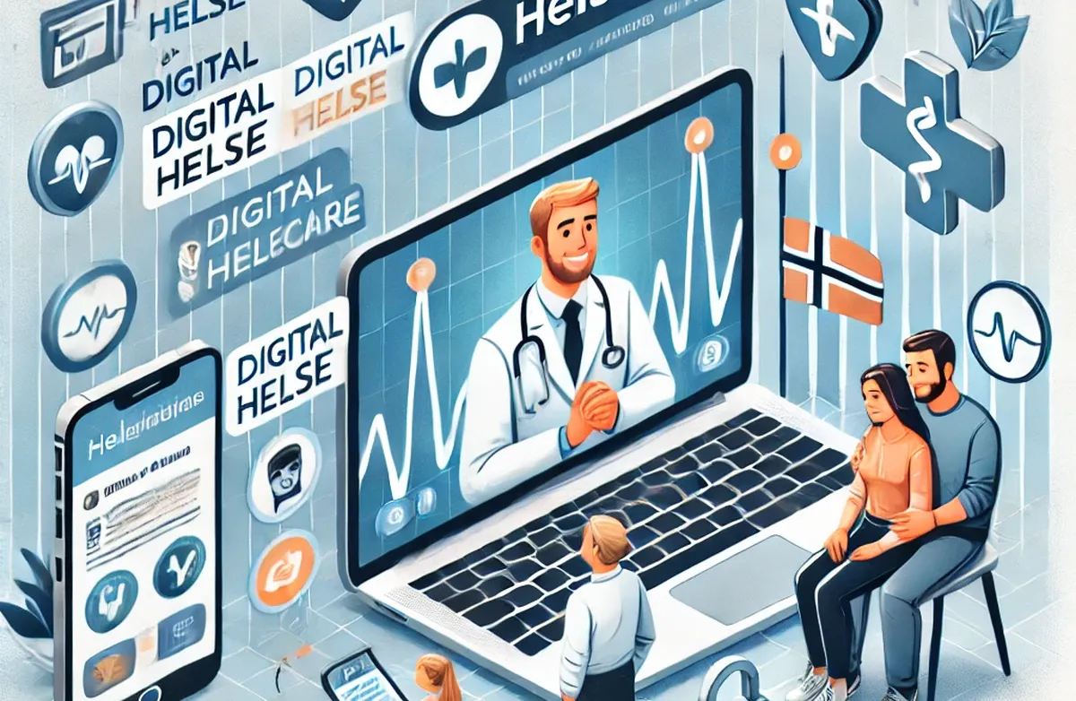 Her er illustrasjonen som visualiserer moderne digitale helsetjenester i Norge, med tekster på norsk som reflekterer temaet om økt tilfredshet og bruk av digitale helsetjenester.