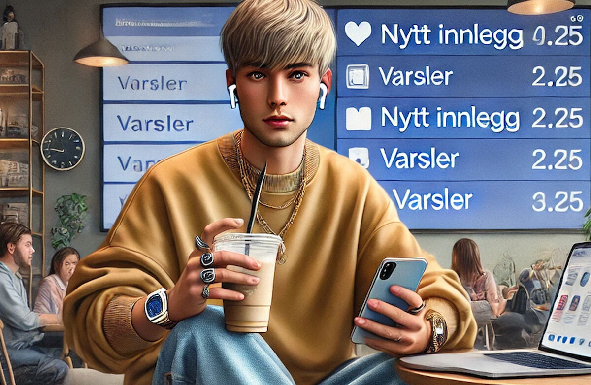 Her er en illustrasjon av en typisk representant for Generasjon Z i et moderne miljø. Personen sitter i en koselig kafé med laptop, smarttelefon og trådløse ørepropper, scroller gjennom sosiale medier og nyter en iskaffe.