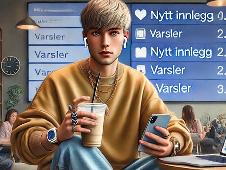 Her er en illustrasjon av en typisk representant for Generasjon Z i et moderne miljø. Personen sitter i en koselig kafé med laptop, smarttelefon og trådløse ørepropper, scroller gjennom sosiale medier og nyter en iskaffe.