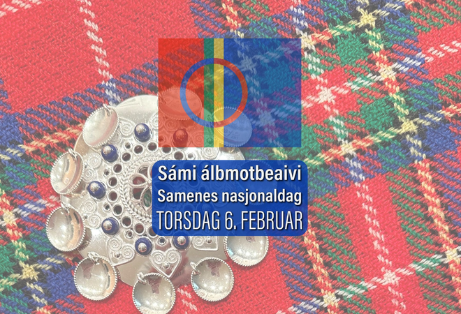 Bildet viser et samisk sjal. Tekst: Sámi álbmotbeaivi - Samenes nasjonaldag - Torsdag 6. februar