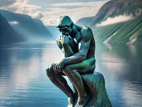 en tenkende statue med Sognefjorden i bakgrunnen