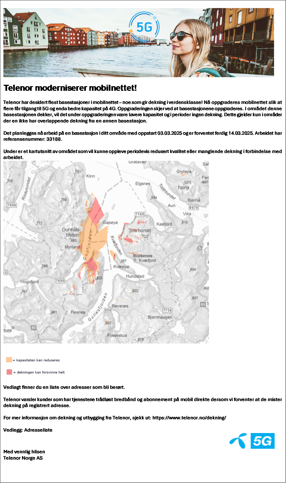 Telenor varslingsmelding ang. 5G utbygging