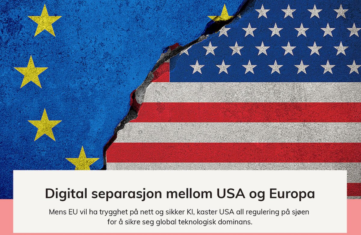 En illustrasjon med EU-flagget og USAs flagg med splittelse