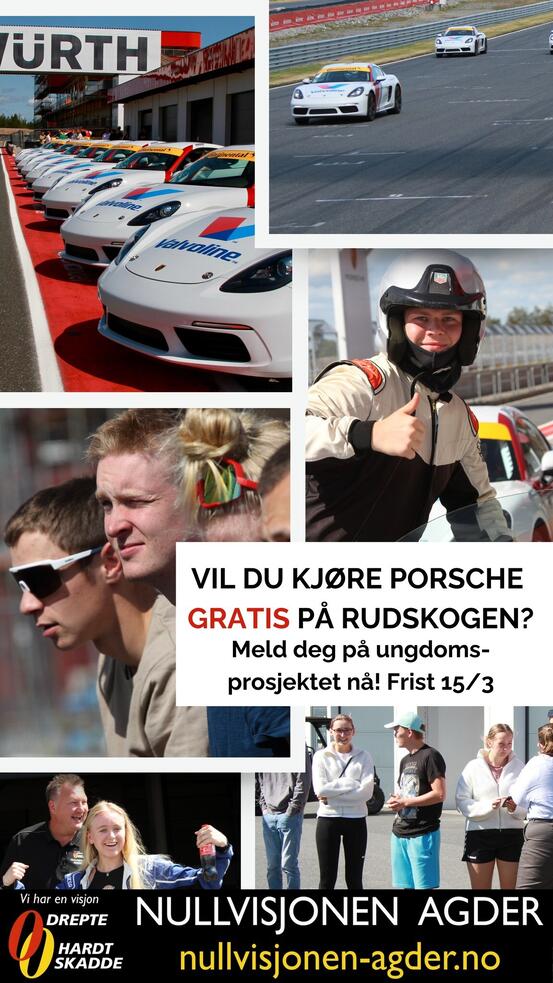 Plakat dekorativ med teksten Vil du kjøre Porche gratis på Rudskogen. Gratis er skrevet i rødt. Meld deg på ungdoms-prosjektet nå! Frist 15/3