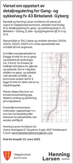 Varsel om oppstart av detaljregulering for gang- og sykkelvei fv 43 Birkeland-Gyberg