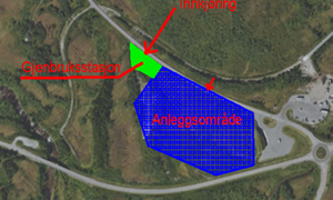 Kartutsnitt over området på gjenbruksstasjonen langs E10. Kartet viser hvor man kjører inn fra hovedveien, hvor gjenbruksstasjonen er plassert og hvor anleggsområdet er.