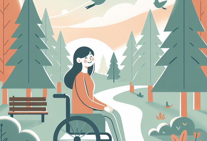 Illustrasjon av person i rullestol som nyter skogen