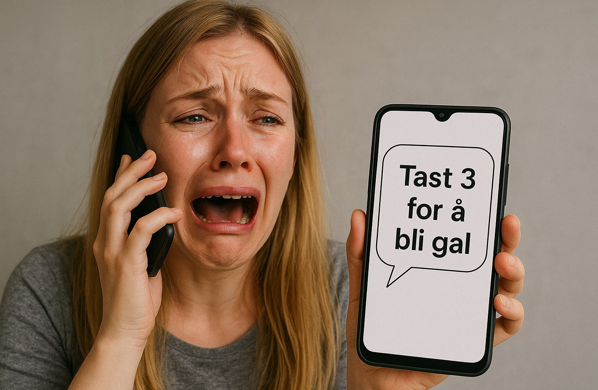 en frustrert, gråtende kvinne som prøver å komme fram i en telefonkø. Hun har lyst langt hår og blå øyne, og holder en mobil i hånden. Det er en tekstboble fra mobilen der det står: