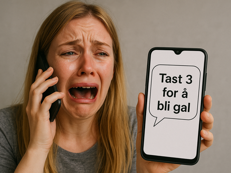 en frustrert, gråtende kvinne som prøver å komme fram i en telefonkø. Hun har lyst langt hår og blå øyne, og holder en mobil i hånden. Det er en tekstboble fra mobilen der det står:
