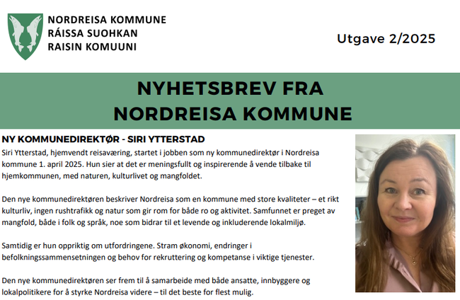 Bildet viser et lite klipp fra første side av nyhetsbrevet. Her ser man blant annet bilde av kommunedirektør Siri Ytterstad og artikkelen tilknyttet henne.