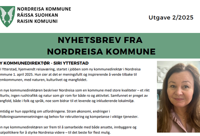 Bildet viser et lite klipp fra første side av nyhetsbrevet. Her ser man blant annet bilde av kommunedirektør Siri Ytterstad og artikkelen tilknyttet henne.