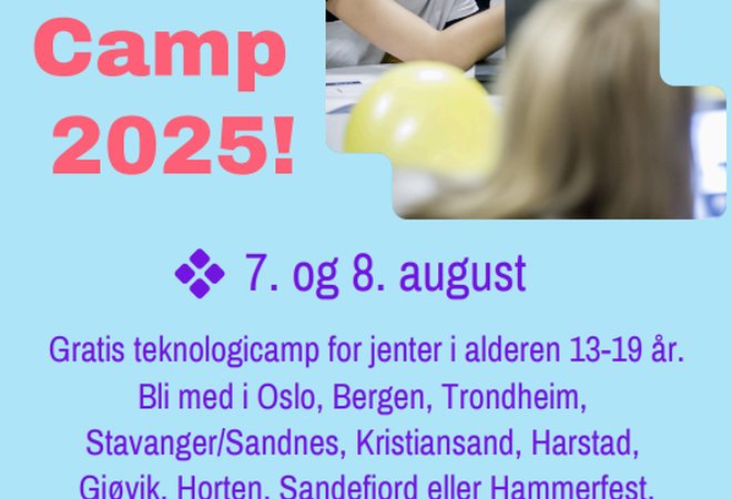 Bildet viser en plakat fra TENK Tech Camp. Fargene er blå, rosa og lilla. Vi ser et bilde av to jenter bak en pc som smiler og flirer.