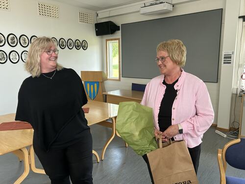 Stabs- og HR-sjef Elisabeth Ludviksen Johansen (t.v.) takket Hilde for innsatsen.