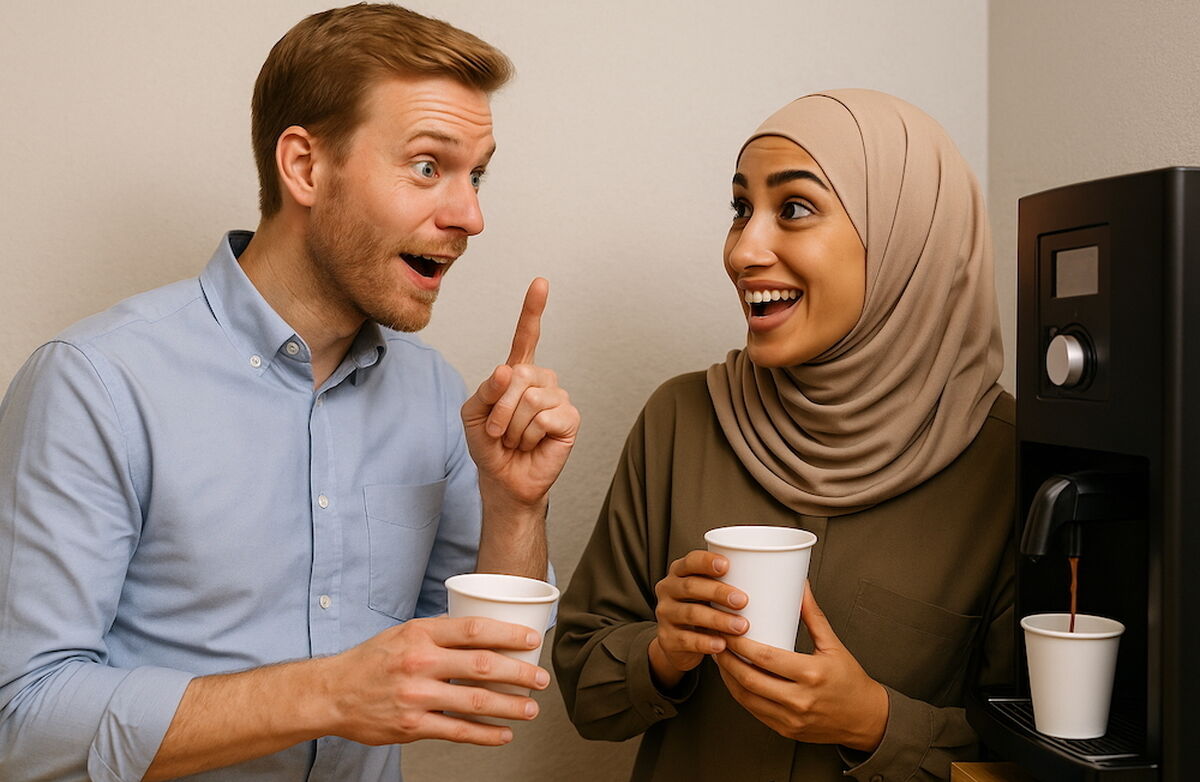 Hvit mann og hijabkledd kvinne med brun hud har det hyggelig ved kaffeautomaten
