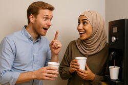Hvit mann og hijabkledd kvinne med brun hud har det hyggelig ved kaffeautomaten