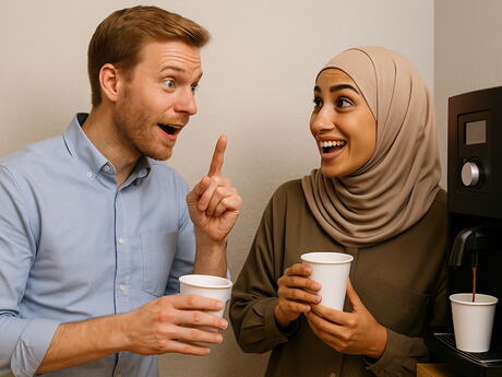 Hvit mann og hijabkledd kvinne med brun hud har det hyggelig ved kaffeautomaten