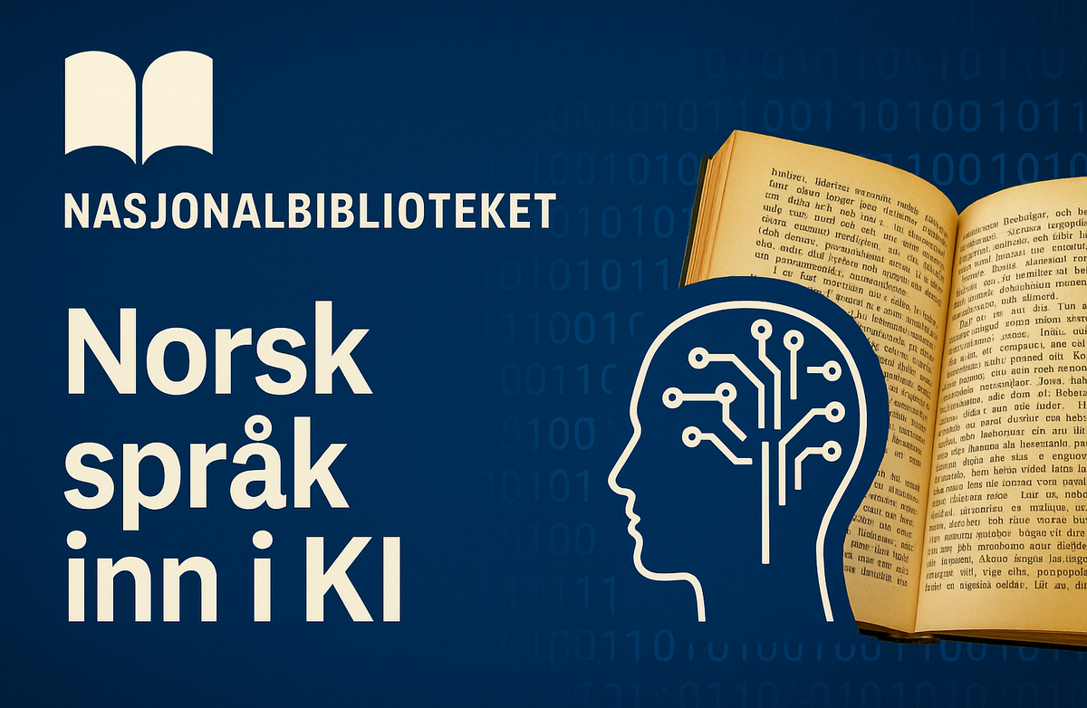 Tegning av bok og teksten Norsk språk inn i KI