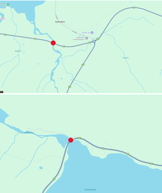 Kart som illustrerer hvor veien vil være stengt på strekningen Lakselvbru til Laubærbukt. Markeringen er satt på to steder langs strekning