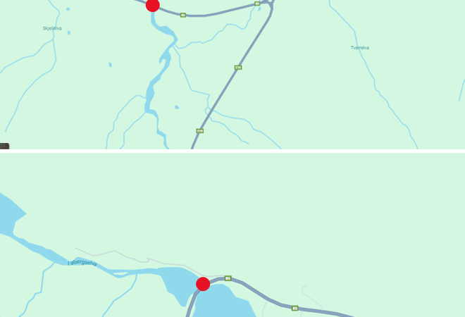 Kart som illustrerer hvor veien vil være stengt på strekningen Lakselvbru til Laubærbukt. Markeringen er satt på to steder langs strekning