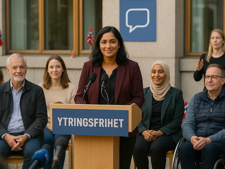 Talerstol, kvinner og menn, kvinne med mørkt hår taler, norske flagg rundt