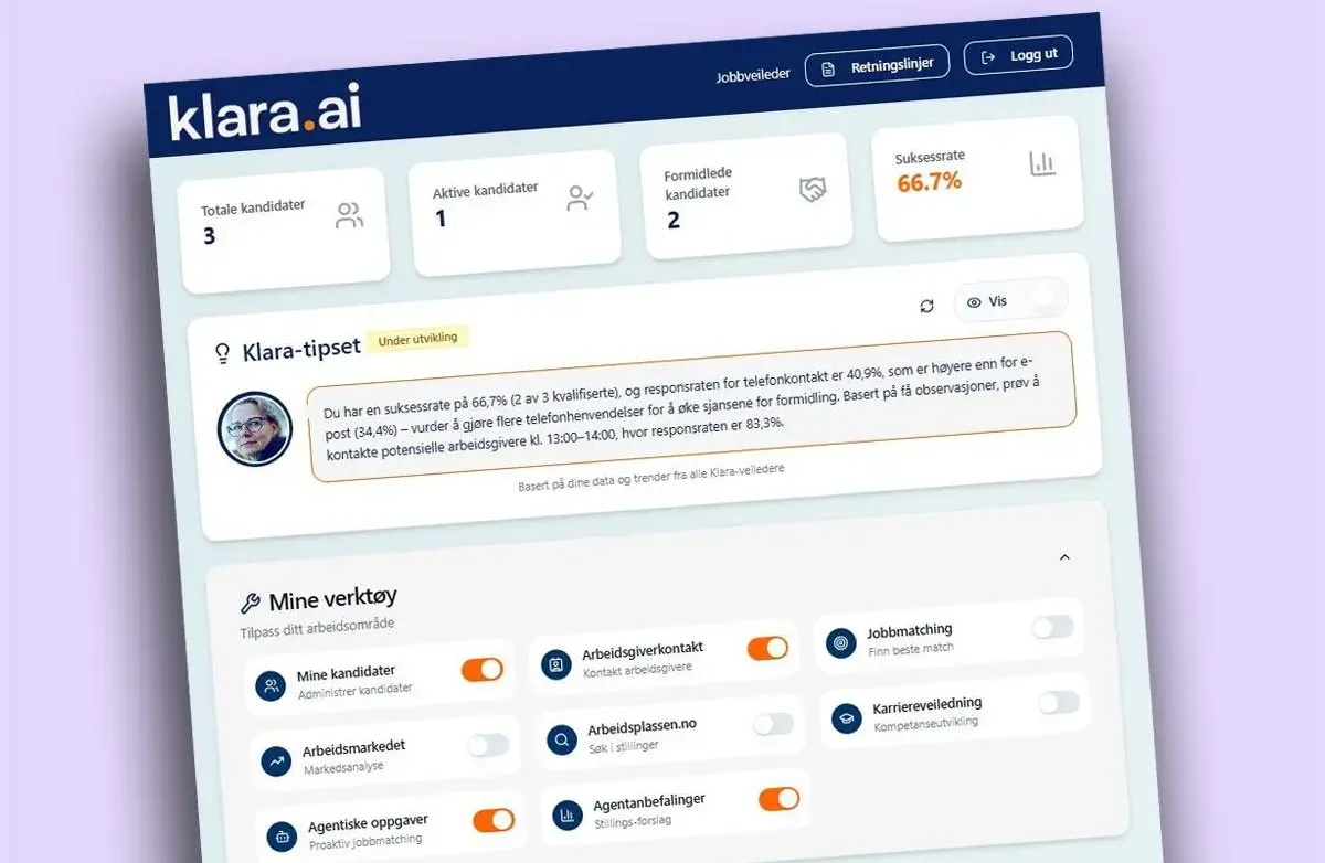 Slik ser dashbordet til Klara.ai ut – bransjeforeningen Arbeid og Inkluderings egenutviklede KI-verktøy.