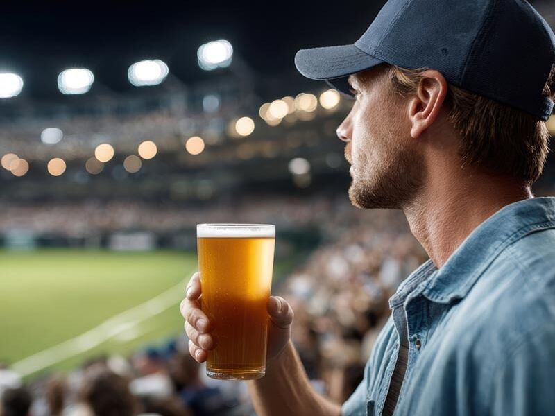 Mann drikker øl på idrettsstadion