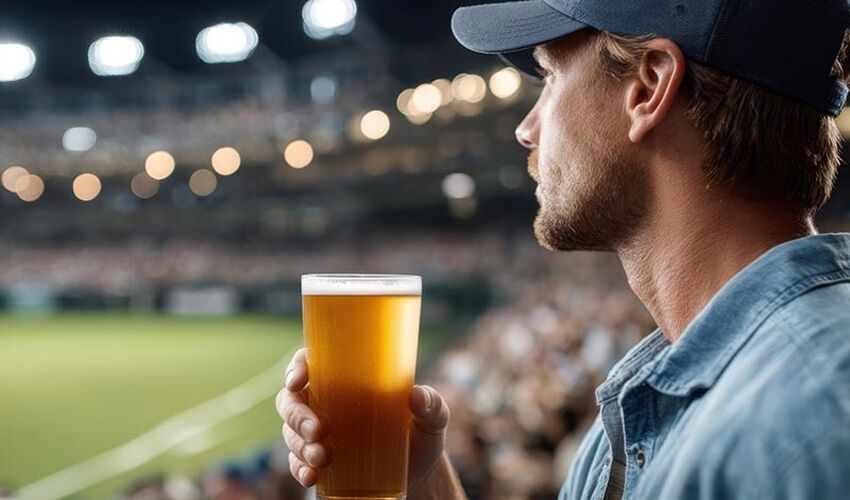 Mann drikker øl på idrettsstadion