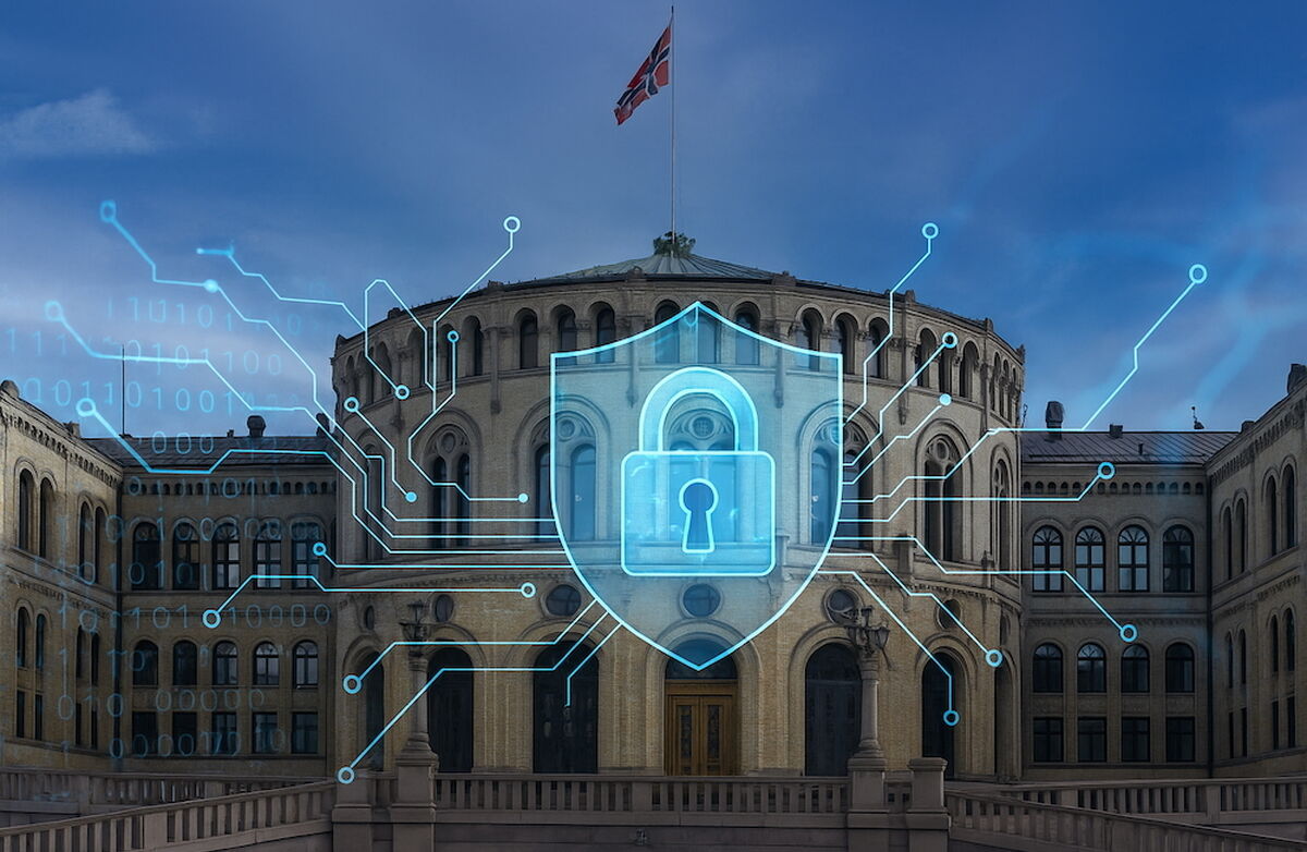 Stortinget i bakgrunnen med låssymboler i forgrunnen.