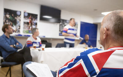 Dag Håkon Hellevik QPR Norway, annual meeting at Loftus Road. Having a meeting with guests at the Blue And White Bar