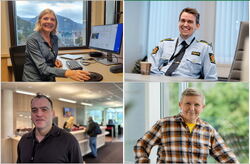 Samtale på scenen: Eva Hille, Frode Hauge, Reza Arash Mahootchi, Mona H Jakobsen. Fotomontasje: Torbjørn Vinje De tre foredragsholderne og møteleder