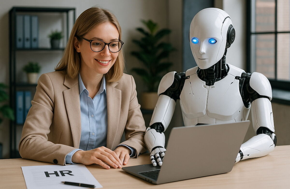 Kvinne med mellomblondt hår, briller. Hun sitter sammen med robot, og de ser på en dataskjerm.