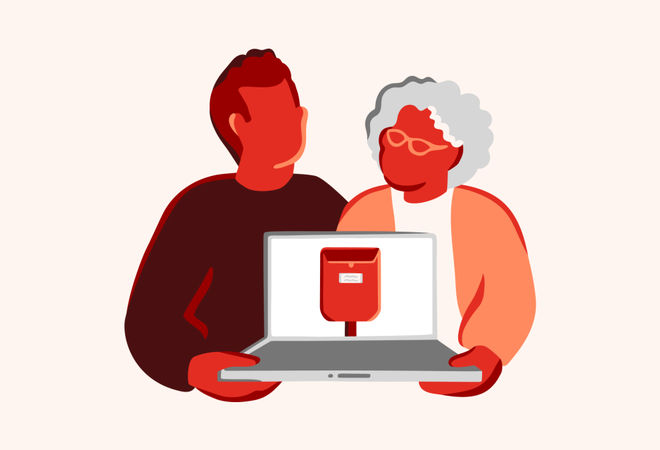 Bilde av to mennesker som holder en datamaskin. Symboliserer digital postkasse. Illustrasjon: Digipost.no