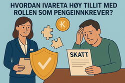 Illustrasjon: KI-generert Passende illustrasjon med kvinne med skatteskjema og en frustrert mann som skal betale skatt