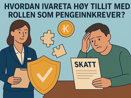 Passende illustrasjon med kvinne med skatteskjema og en frustrert mann som skal betale skatt