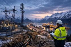 Mann med gul arbeidsjakke utenførs der vi ser forskjellig infrastruktur med bl a jernbane i bakgrunnen