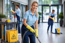 Tre personer som driver med rengjøring, to kvinner og en mann. De er blåkledde med lysere overdel, og har gule gummihansker. I forgrunnen ser vi en vakker kvinne med lyst hår, som smiler mot oss.