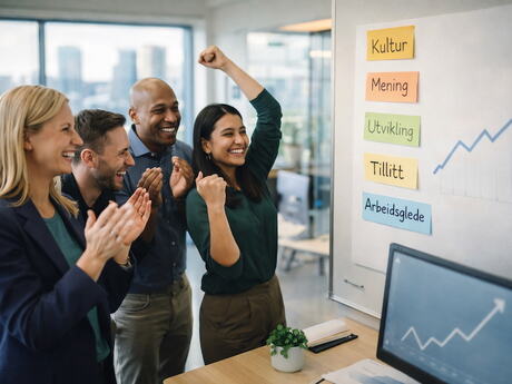 To kvinner og to menn uttrykker arbeidsglede foran en tavle med grafer og ord som tillit og kultur. De har forskjellig etnisitet.