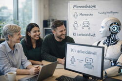 Gruppe personer på tre i samme rom som en robot. Det virker som om det er en samtale, at de samarbeider.