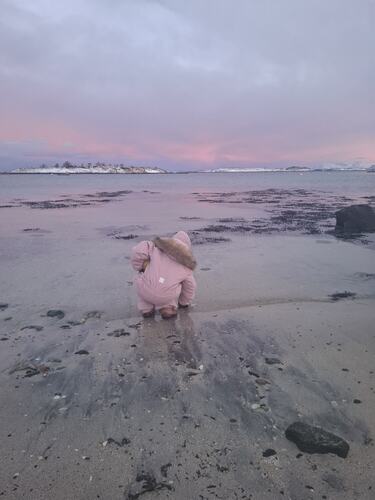 Lilly ser etter skjell i fjæro. (Foto: Kirsti Karlsen)