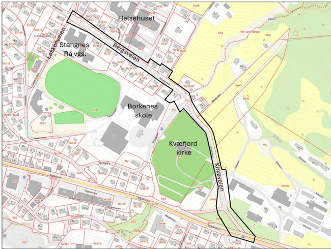 Kart over detaljregulering for fortau langs Kirkeveien og deler av Bergsveien, Borkenes