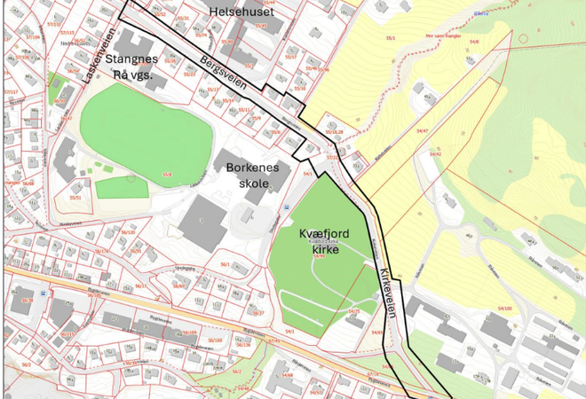 Kart over detaljregulering for fortau langs Kirkeveien og deler av Bergsveien, Borkenes