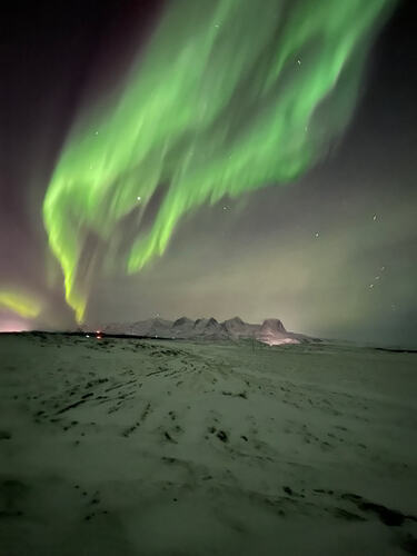 Aurora Borealis danser polka og reinlender sammen med De syv søstre. (Foto: Tone Evelyn Hansen)