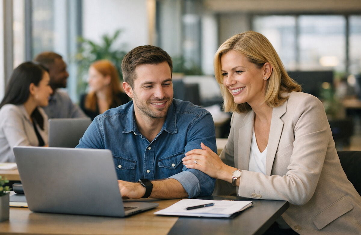 Bildet viser en mann og en kvinne som sitter foran hans PC i et kontorlandskap. Hun holder rundt hans venstre overarm. De smiler. Han har Jeans-skjorte og er mørk blond. Hun har langt blondt hår, og en beige drakt.