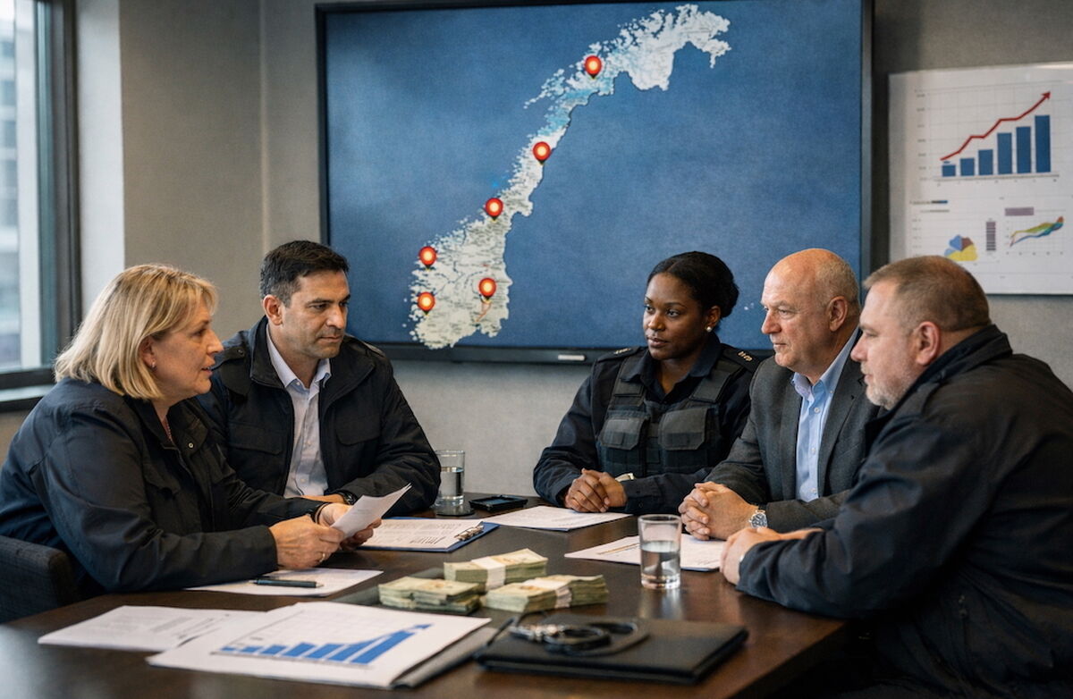 Illustrasjonbilde med alvorlige kvinner og menn rundt et bord. Norgeskart i bakgrunnen der de nye stedene er markert.