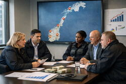 Illustrasjonbilde med alvorlige kvinner og menn rundt et bord. Norgeskart i bakgrunnen der de nye stedene er markert.