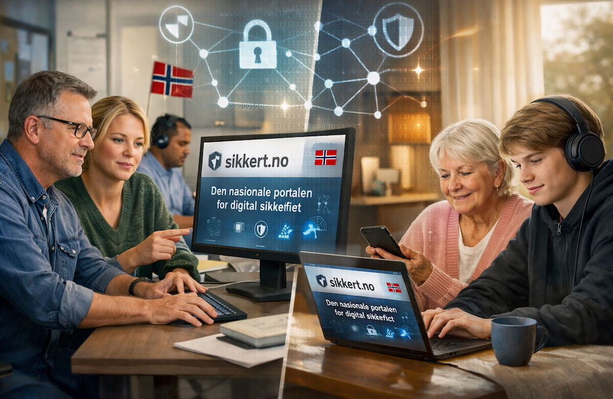 Personer samlet rundt PCer der sikkert.no vises på skjermen. Symboler for sikkerhet med låser svirrer i luften.
