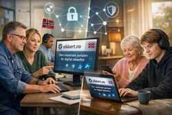 Personer samlet rundt PCer der sikkert.no vises på skjermen. Symboler for sikkerhet med låser svirrer i luften.