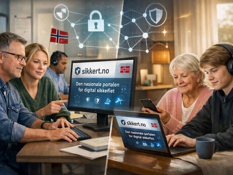 Personer samlet rundt PCer der sikkert.no vises på skjermen. Symboler for sikkerhet med låser svirrer i luften.