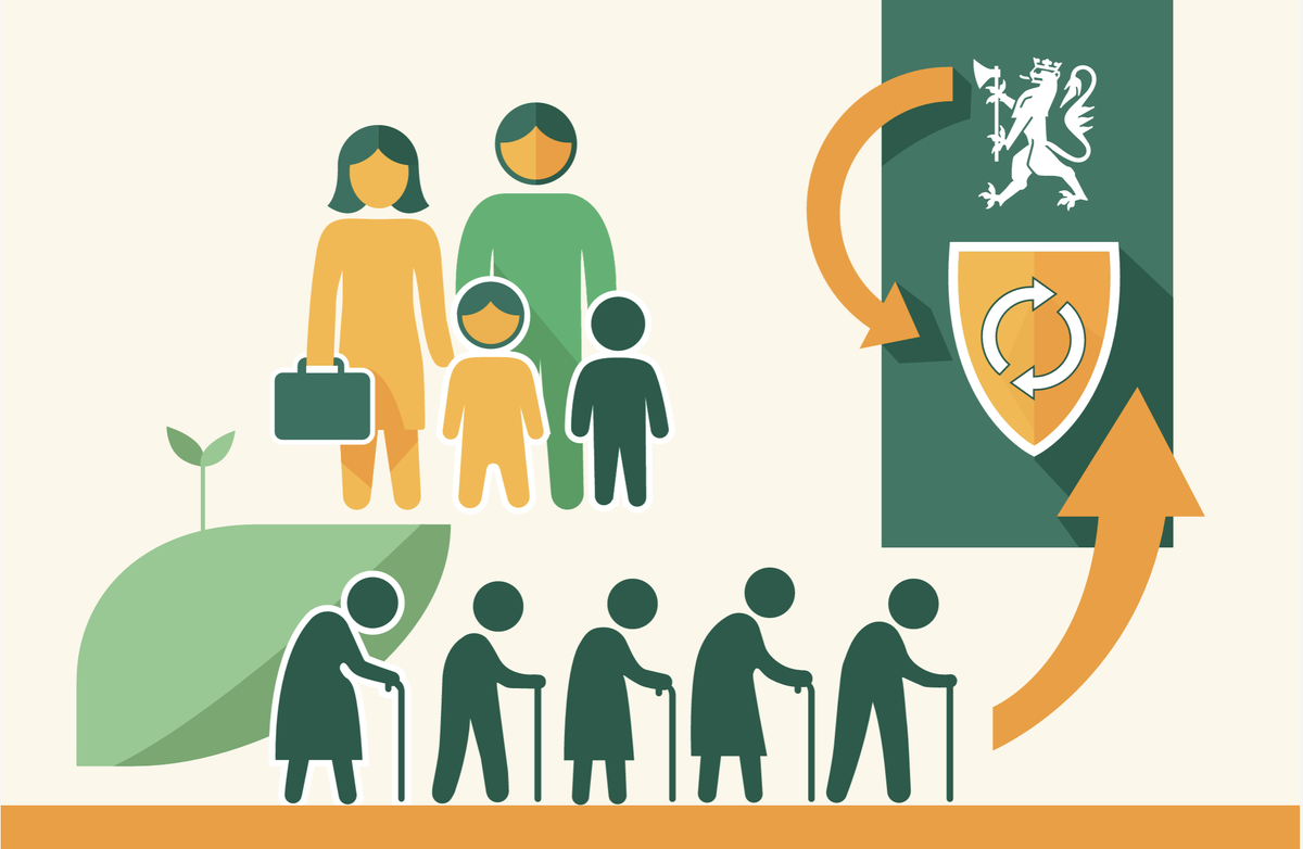 Illustrasjon: Klipp fra forsiden av NOU 2026-1: En bærekraftig kommunesektor. Kommunekommisjonens første delutredning Tening av mennesker i forskjellig alder, stilisert uten tydelige ansikter.