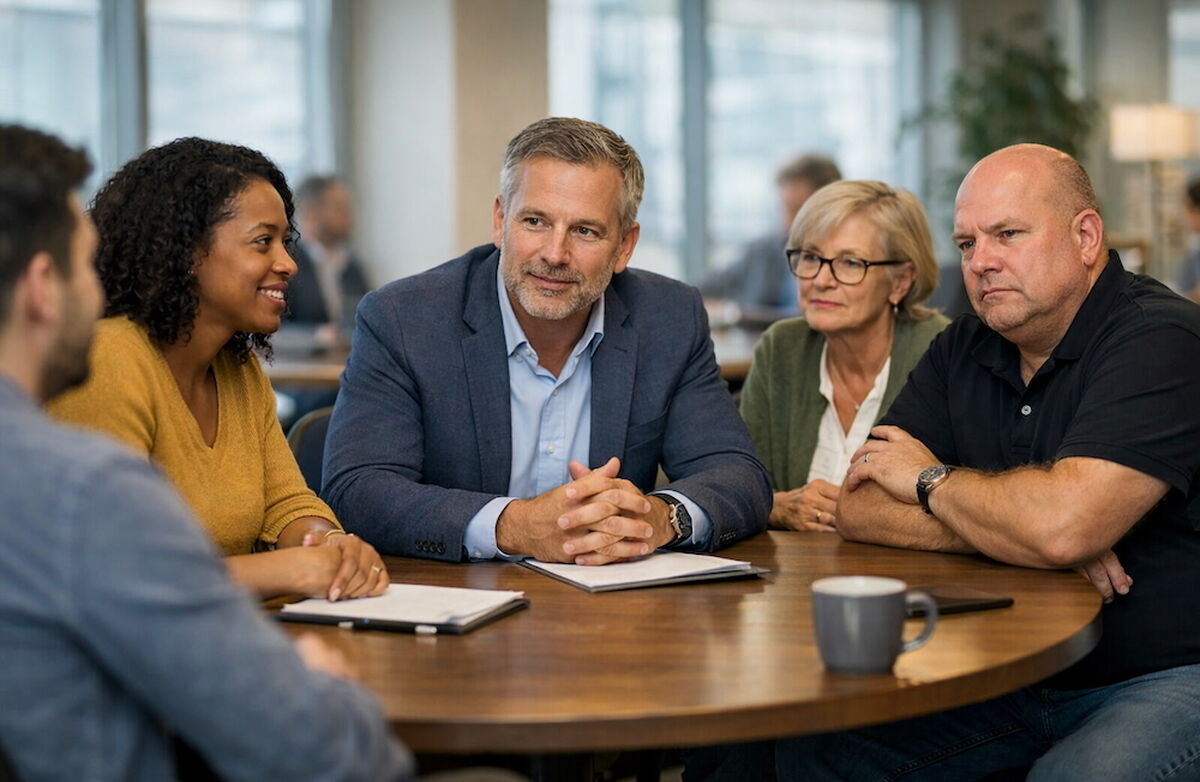 Mennesker rundt et bord, forskjellig kjønn, etnisitet og alder